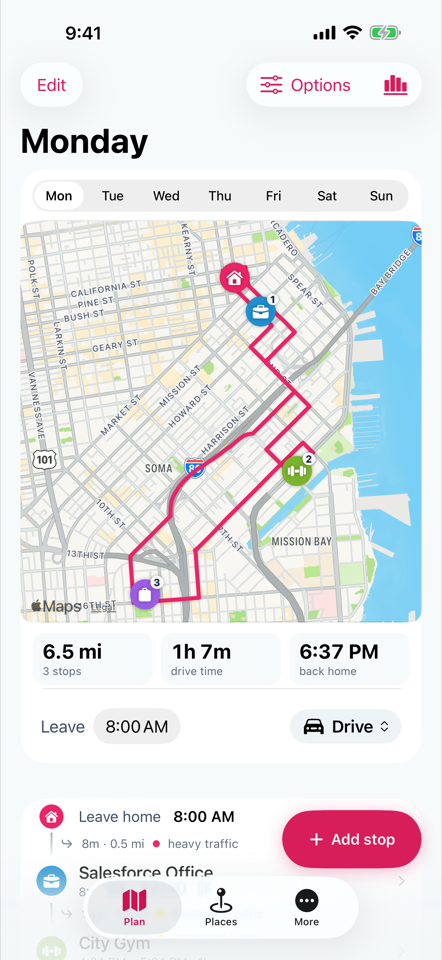The Plan screen: a Monday route across a map, with miles, drive time, and the time you're back home