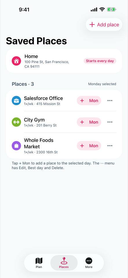 Saved Places: Home pinned at the top, then Salesforce Office, City Gym, and Whole Foods Market with add-to-day buttons